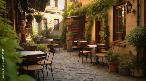 Italian small town charm with a restaurant's terrace and cobblestones  © Hdi