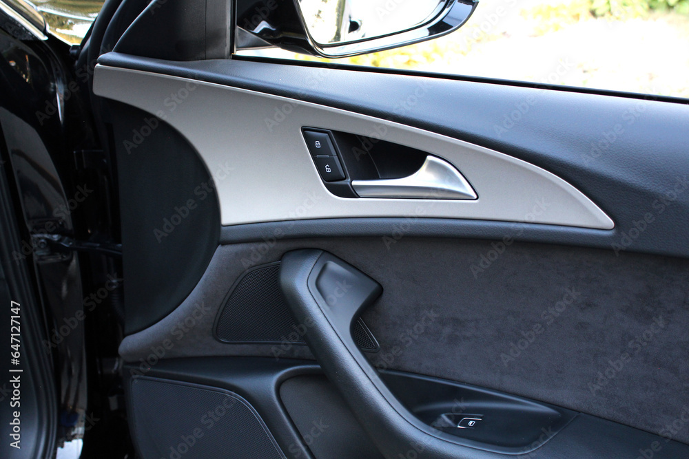 Elegant design of luxury car door trim. Door trim elements and door handle with rear view mirror. View from inside the car. Side rear-view mirror on a modern car. Luxury car door interior trim
