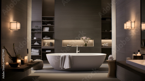 Immerse yourself in the luxury of a modern bathroom retreat. The photograph captures a spa-like space with sleek fixtures  a freestanding tub  and soft ambient lighting and inviting relaxation.