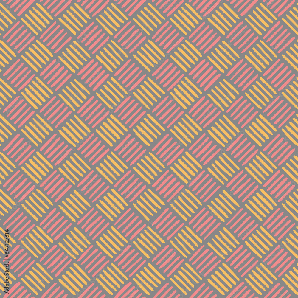 gray repetitive background. pink yellow hand drawn striped squares. vector seamless pattern. geometric fabric swatch. wrapping paper. design template for textile, linen, home decor