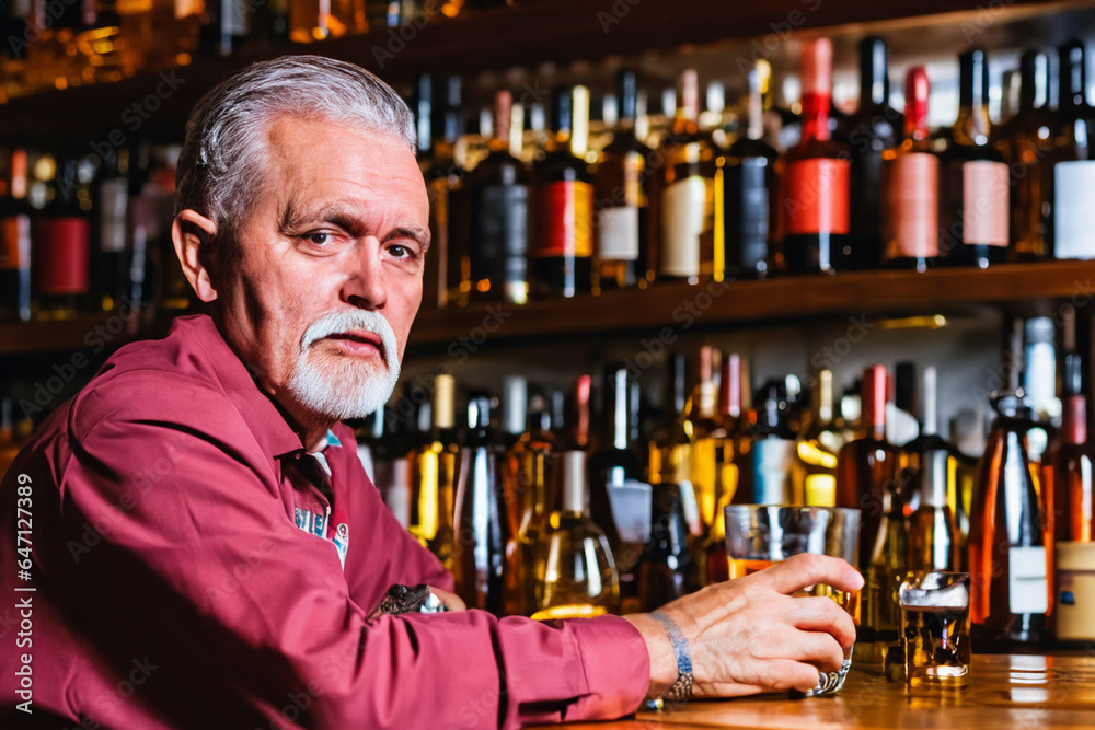 Old MAn Sitting In The Bar With Glass Of Whiskey AI Generated