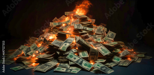 Burning Money Pile: Financial Crisis Concept