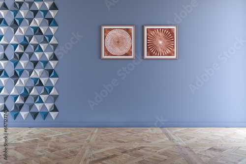 Empty Room with Blue Wall and Frame, 3D Render