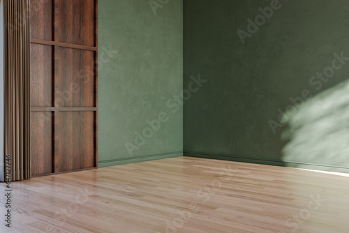 Vintage Empty Room, Green and Wooden Wall, 3D Render