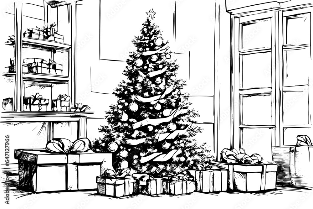 Sketch Christmas tree with gifts vector illustration.