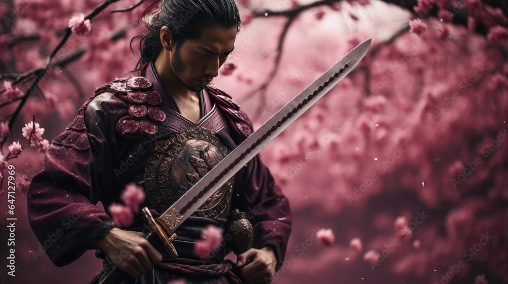 Fototapeta premium A samurai from the Sengoku period stands under a cherry tree