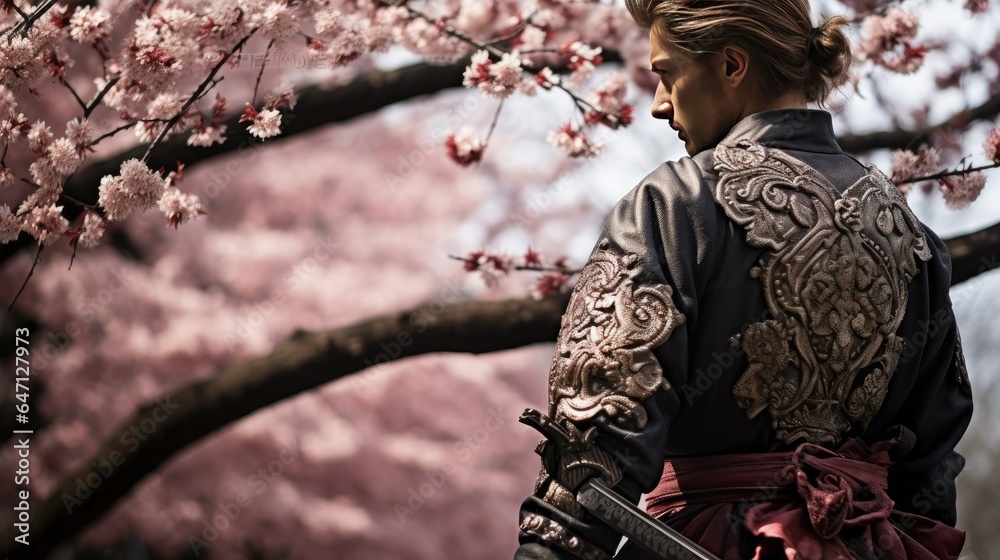 A samurai from the Sengoku period stands under a cherry tree A samurai from the Sengoku period stands under a cherry tree