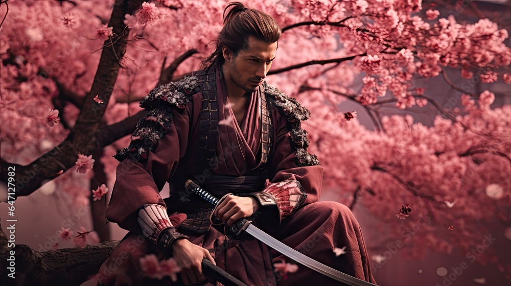 A samurai from the Sengoku period stands under a cherry tree - obrazy, fototapety, plakaty 