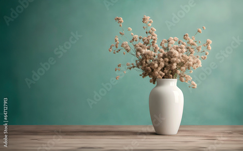 White ceramic vase with dried flowers on a wooden table near a mint-colored empty wall. Modern interior, Scandinavian style