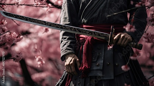 A samurai from the Sengoku period stands under a cherry tree