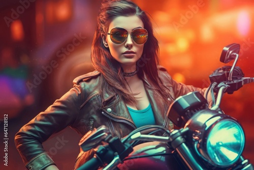 Beautiful biker woman colorful portrait. Generate AI