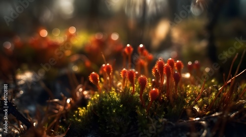 Macro Photography Red Sporophyte and Polytrichum Commune Cinematic. Created with Generative AI Technology photo