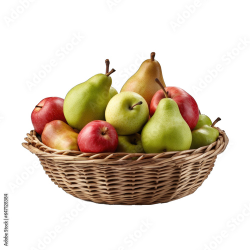 Pears and apples in a basket with stone-like finish isolated on transparent background