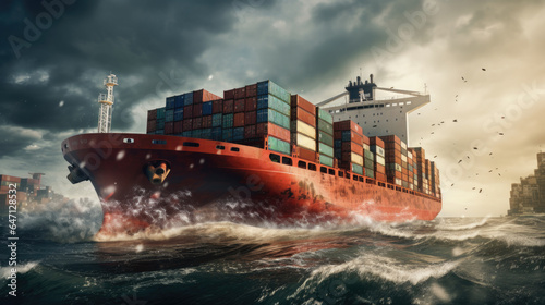 Aerial view of a large, loaded container cargo ship traveling over open ocean