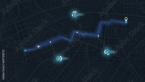 Location tracks dashboard. Navigation for obtaining data on distance, turns of the path. Path from the point to the intended goal, several destinations, arrival point. Vector, illustration. Abstract