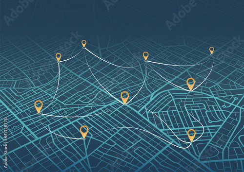 Isometric. The path from a point to the intended goal, many destinations, signs. main road throughout map. Navigation mapping technology for obtaining data on distance and turns of the path. Vector