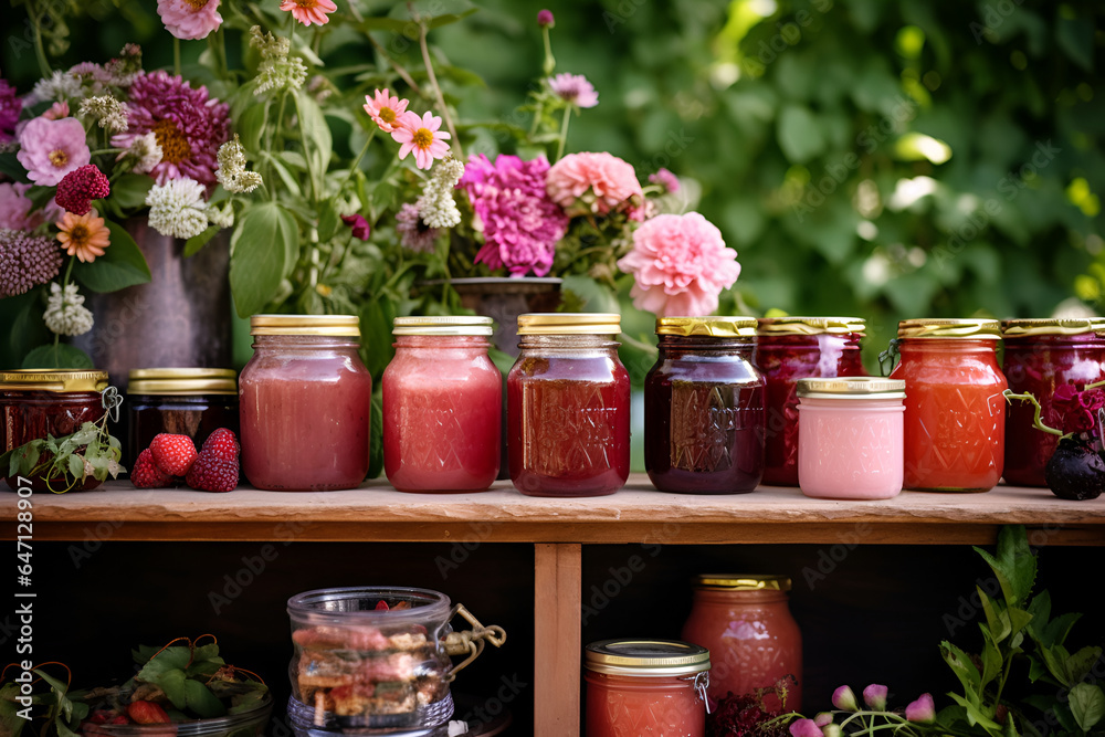 Jars with various jams and flowers on a wooden shelf 7