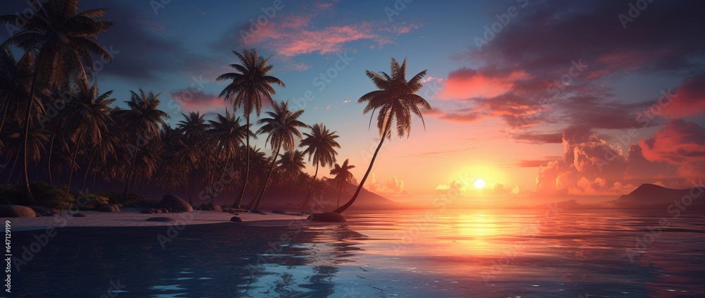 A serene beach with palm trees and a breathtaking sunset