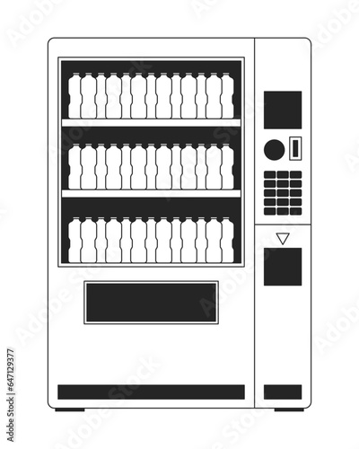 Vending machine with water bottles flat monochrome isolated vector object. Vendor with beverages. Editable black and white line art drawing. Simple outline spot illustration for web graphic design