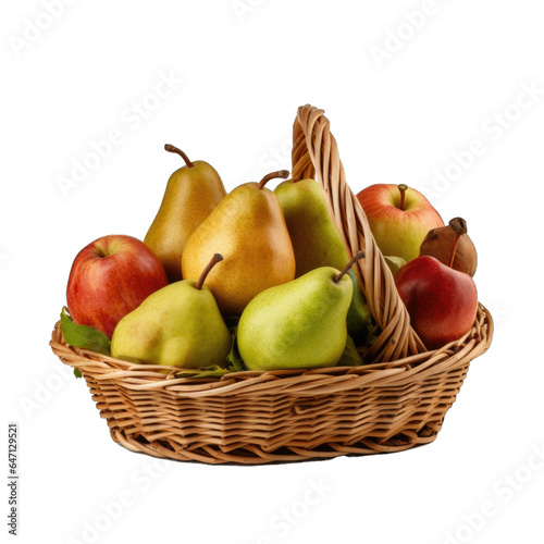 Pears and apples in a basket with wooden carvings isolated on transparent background