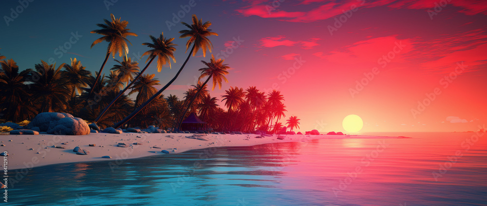A serene beach with palm trees and a breathtaking sunset