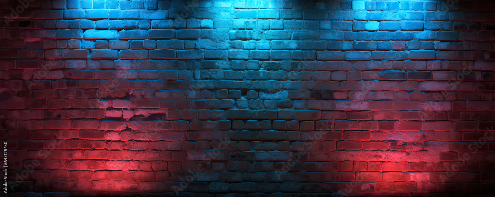 Neon light on brick walls that are not plastered background and texture. Lighting effect red and blue neon background Neon light on brick walls that are not plastered background and texture. Lighting effect red and blue neon background