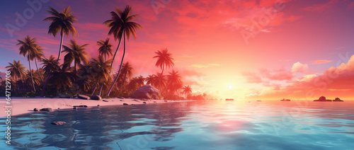 A serene beach with palm trees and a breathtaking sunset