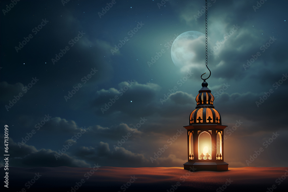 Arabic lantern on the background of the night sky with the moon Arabic lantern on the background of the night sky with the moon