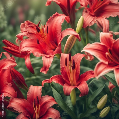  Flowers background banner - Closeup of red beautiful blooming lilly in the field