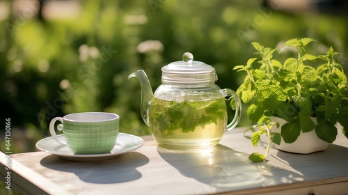 Fresh mint tea in a serene garden setting with soft green and white tones. generative AI