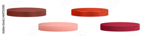 Set of Red 3d rendered podium cylinder bases isolated on transparent background. Red product display mockups. Vector Illustration. 