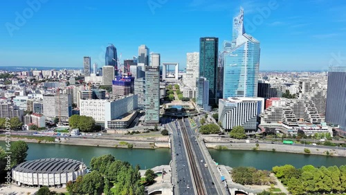 Paris: Aerial view of skyscraper skyline of La Defense, major business district in capital city of France, sunny day with clear blue sky - landscape panorama of Europe from above photo