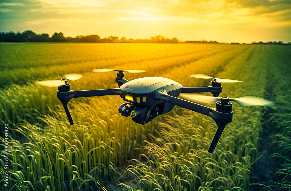 A Green Drone Flying Over Wheat Field at sunrise