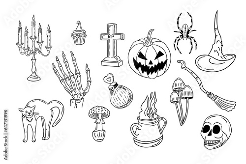 Big scary Halloween doodle set of hand drawn items. Sketch isolated horror elements for halloween party decoration. Minimalistic holiday design for coloring pages, stickers, tatoo.
