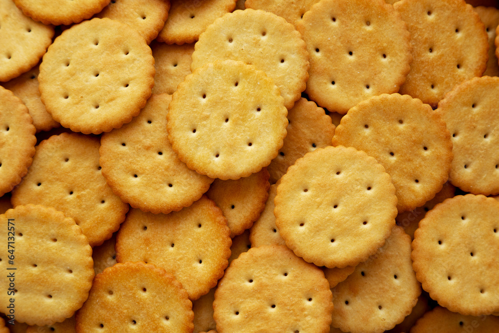 Round Crispy Crackers with Sea Salt, top view. Round Crispy Crackers with Sea Salt, top view.