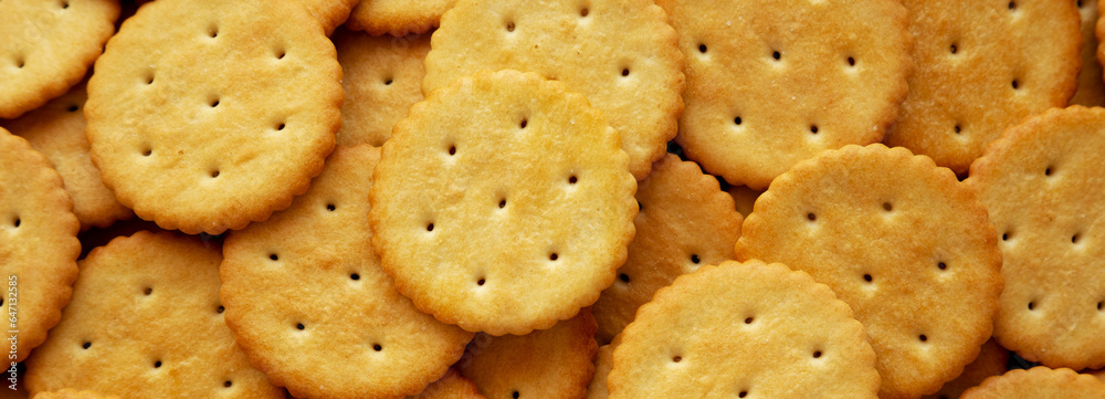 Round Crispy Crackers with Sea Salt, top view. Flat lay, overhead, from above.