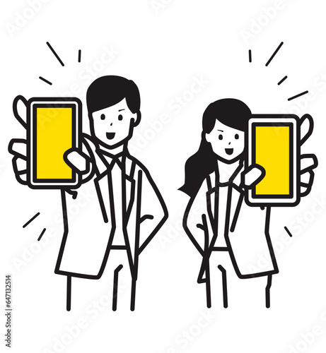 Illustration of a man and woman in suits holding up smartphones