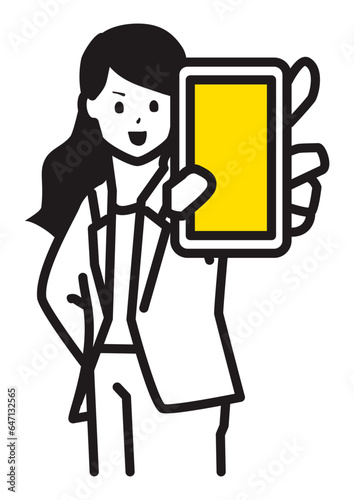 Illustration of a woman in a suit holding up a smartphone