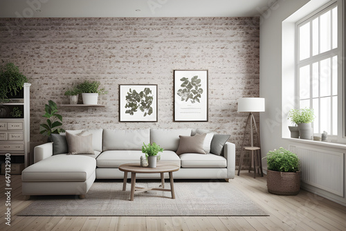 Farmhouse living room interior background, wall mockup, 3d render