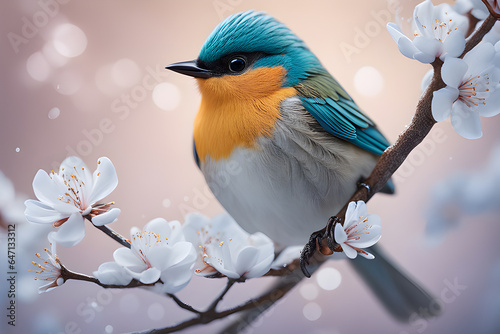 A bird with beautiful colorful feathers sits on a branch.