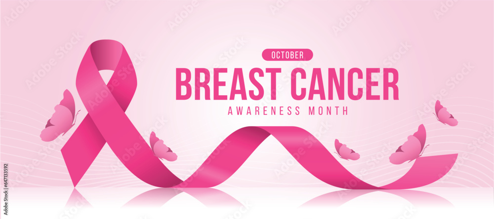 Breast cancer awareness month - Pink ribbon awareness sign on floor and butterfly around on soft pink with lines curve texture background vector design