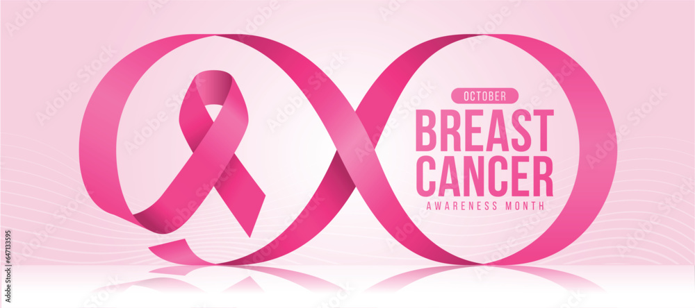 Breast cancer awareness month - Pink ribbon awareness with rolling to breast or infinity shape on floor and soft pink with lines curve texture background vector design
