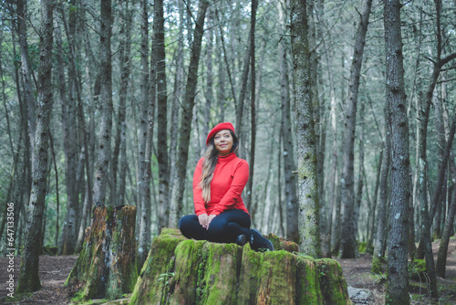 Woman in a calm and thoughtful attitude on a mossy stump in the middle of the forest.