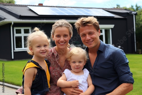 A happy family in front of their dream home. housing and the real estate market.'generative AI' 