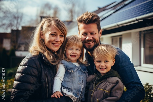 A happy family in front of their dream home. housing and the real estate market.'generative AI'