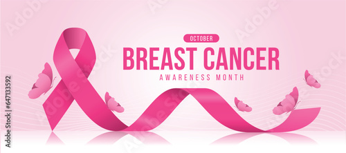Breast cancer awareness month - Pink ribbon awareness sign on floor and butterfly around on soft pink with lines curve texture background vector design