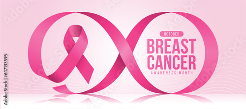 Breast cancer awareness month - Pink ribbon awareness with rolling to breast or infinity shape on floor and soft pink with lines curve texture background vector design