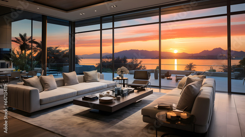 End your day in a modern home with breathtaking views. The photograph showcases a living room with expansive windows framing a stunning sunset, emphasizing the blend of nature's beauty. © CanvasPixelDreams