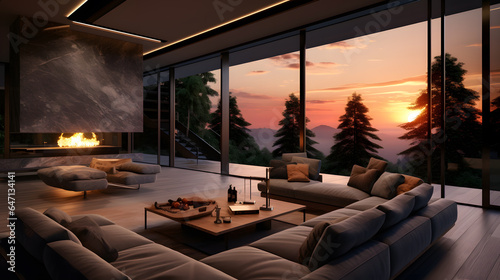 End your day in a modern home with breathtaking views. The photograph showcases a living room with expansive windows framing a stunning sunset, emphasizing the blend of nature's beauty. © CanvasPixelDreams