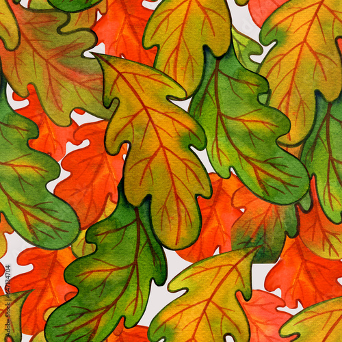 Seamless watercolor pattern with autumn leaves on a light background—Orange, green, brown, and red shadows. Fabric, texture, bed linen, wallpaper, napkins, wrapping paper.